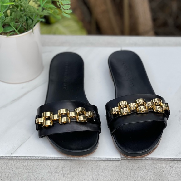 Veronica Beard ENI black Chain-Trimmed Leather Slides Gold hardware size 7 - Picture 5 of 14